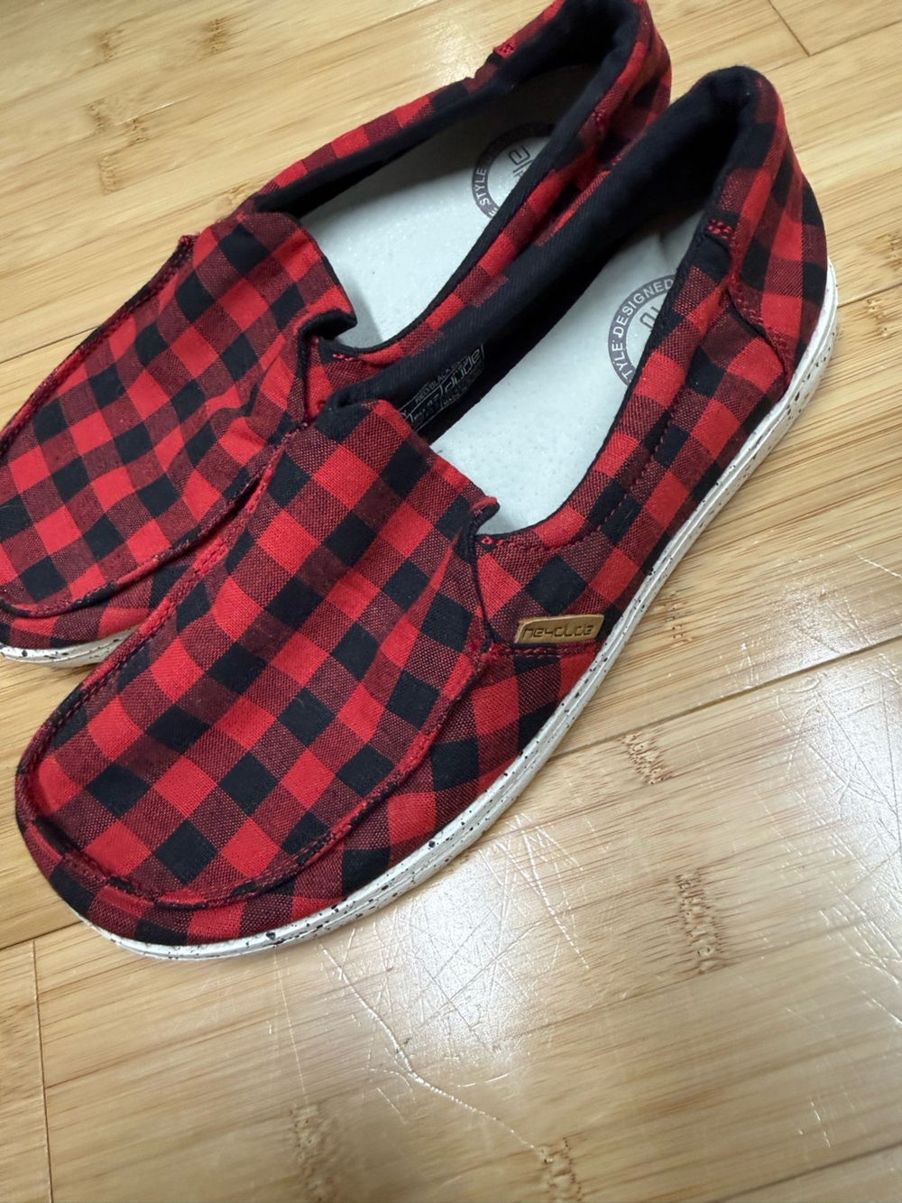 Hey Dude Red and Black Plaid Slip-On